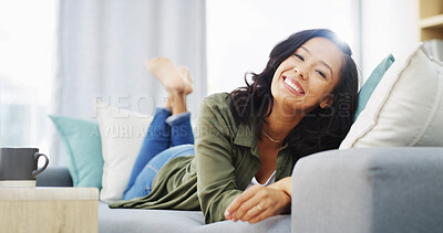 Buy stock photo Home, couch and woman in portrait for relax, comfortable and satisfaction with confidence for chilling. House, sofa and female person with smile for weekend break, peace and calm with happiness