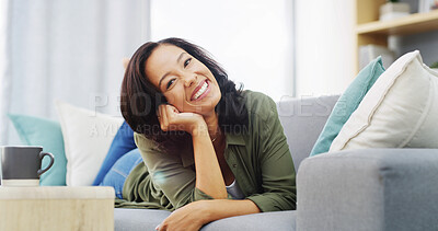 Buy stock photo Happy woman, portrait and relax with coffee on sofa for holiday, weekend or comfort at home. Face, female person and lying with smile in joy for break, rest or morning on living room couch at house