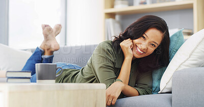 Buy stock photo Home, sofa and woman in portrait for relax, comfortable and satisfaction with confidence for chilling. House, couch and female person with smile for weekend break, peace and calm with happiness