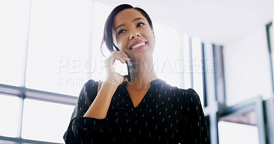 Buy stock photo Phone call, happy and businesswoman in office with contact for finance negotiation. Smile, communication and female financial analyst on mobile discussion with client for investment approval offer.