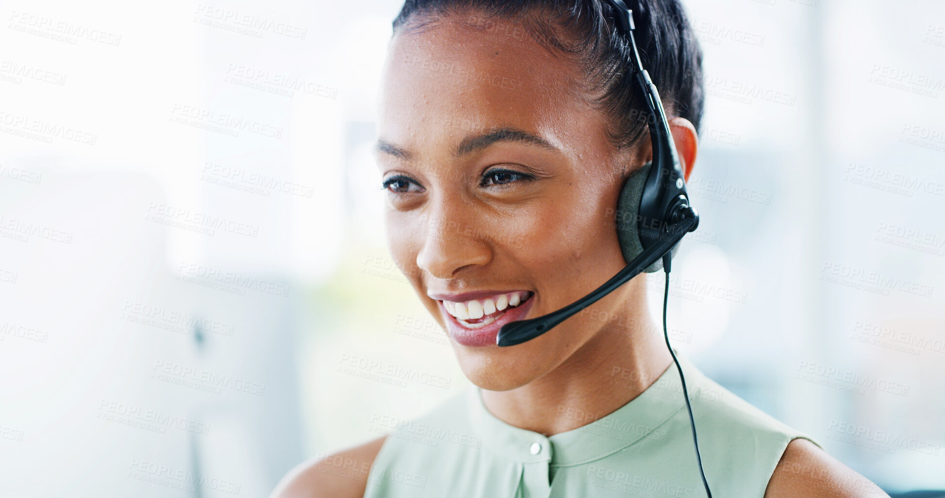 Buy stock photo Finance, happy or woman in call center for consulting client, online help or business loan advice. Smile, financial consultant or agent talking for insurance service, support or CRM communication
