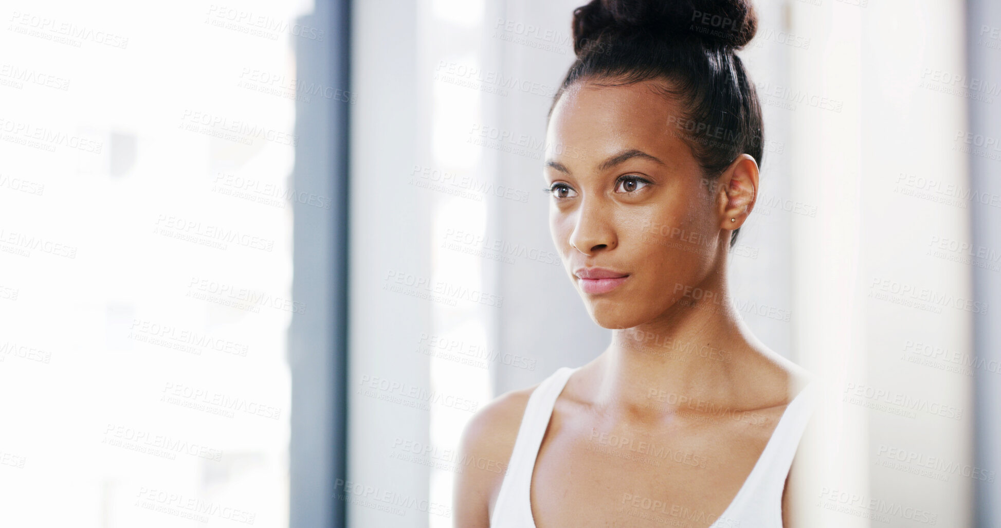 Buy stock photo Beauty, woman and skincare in home mirror with collagen treatment results, skin hydration and morning routine. Reflection, person and confidence with cosmetics for self care, wellness and fresh face