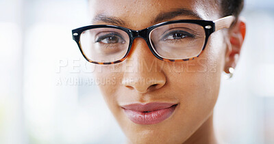 Buy stock photo Office, glasses and portrait of business woman with frames, prescription lens and spectacles for sight. Entrepreneur, professional and face of person with vision, confidence and company pride