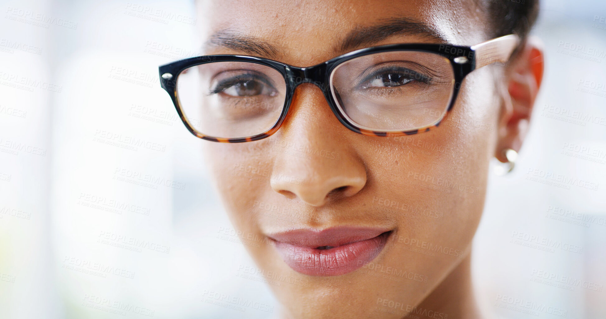 Buy stock photo Office, glasses and portrait of business woman with frames, prescription lens and spectacles for sight. Entrepreneur, professional and face of person with vision, confidence and company pride