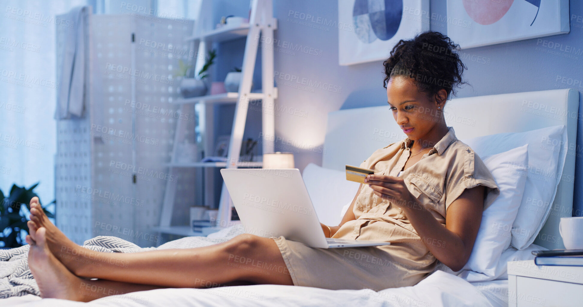 Buy stock photo Online shopping, credit card and woman in bedroom with laptop for banking, payment and discount at night. Debit, home and girl on computer with digital money for ecommerce, sales and financial deal