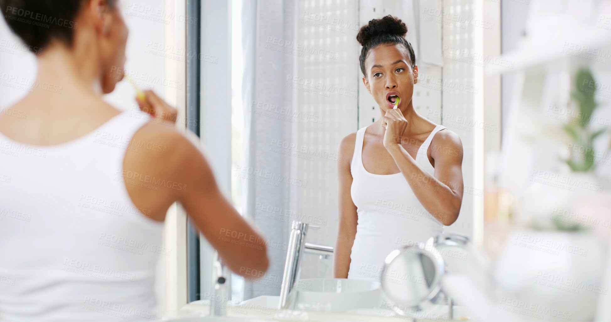 Buy stock photo Woman, mirror and cleaning mouth in home, oral hygiene practice and morning routine in bathroom. Female person, reflection and treatment to prevent plaque or cavity, fresh breath and dental health