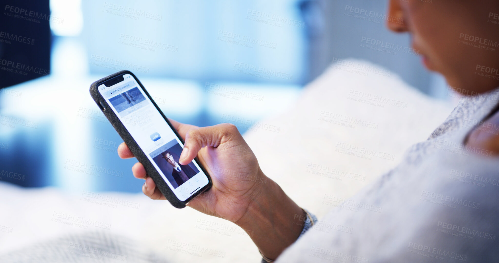 Buy stock photo Woman hand, phone screen and relax in bed with social media, online dating app and scroll in website. Person, mobile and break in home bedroom with reading, connectivity and browsing profile updates