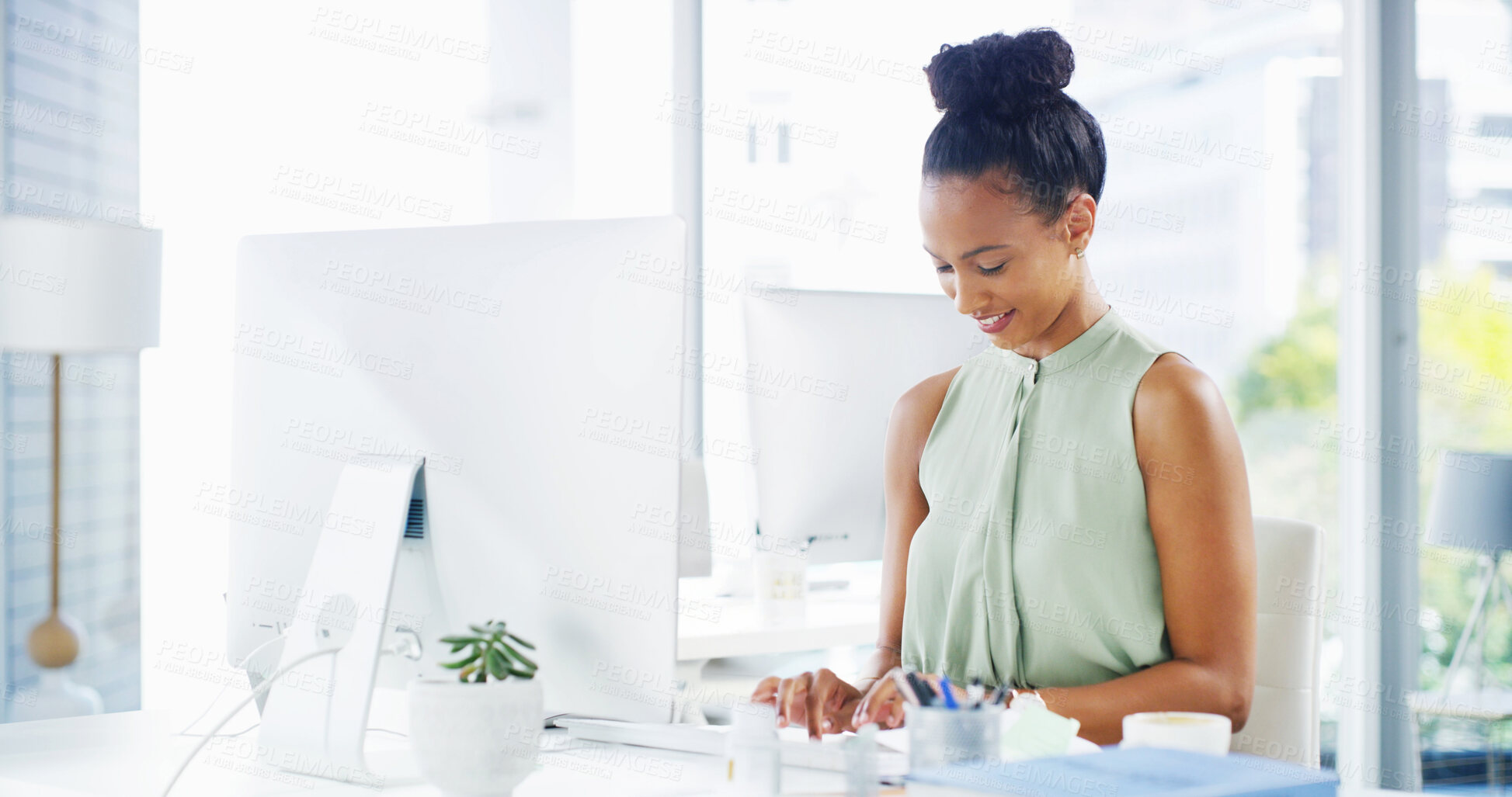 Buy stock photo Finance, smile or businesswoman on computer for accounting online research or profit evaluation. Budget, happy or financial advisor with technology for company revenue growth, payroll or investment