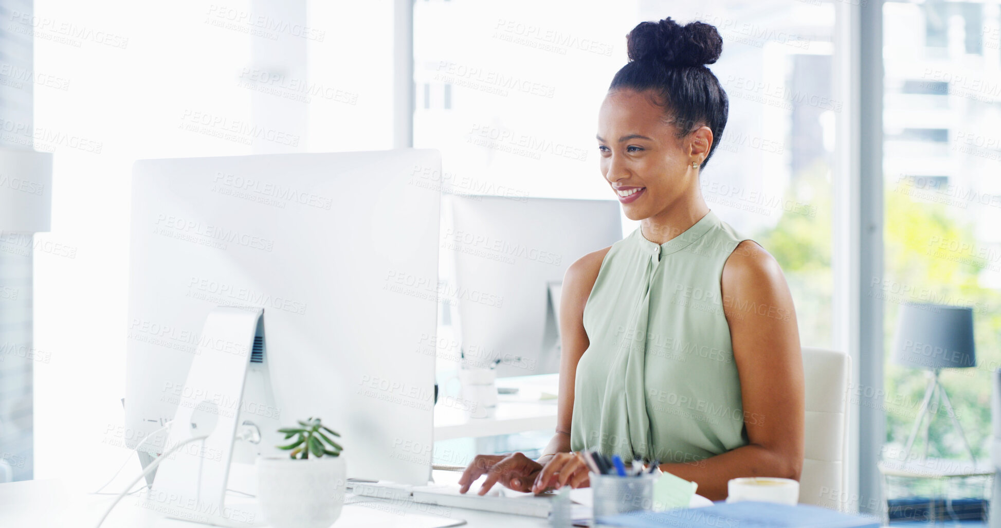 Buy stock photo Confident, smile or businesswoman on computer for accounting online research or profit evaluation. Budget, happy or financial advisor with technology for company revenue growth, payroll or investment