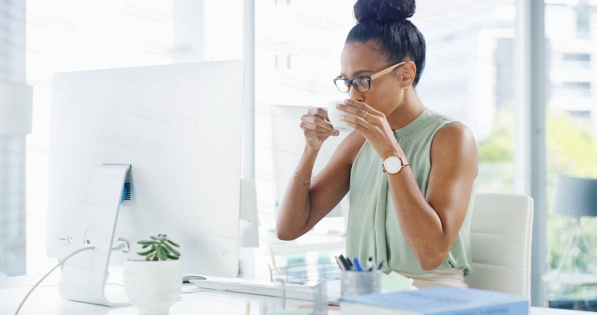 Buy stock photo Woman, drinking coffee and computer for finance in office, reading budget report and proposal. Female person, accountant and online for expenses statement in email, espresso and review the investment