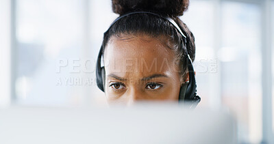 Buy stock photo Customer service, serious or face of woman in call center for consulting, questions or online advice. Laptop, upset consultant or agent with headset for telemarketing crisis or miscommunication error