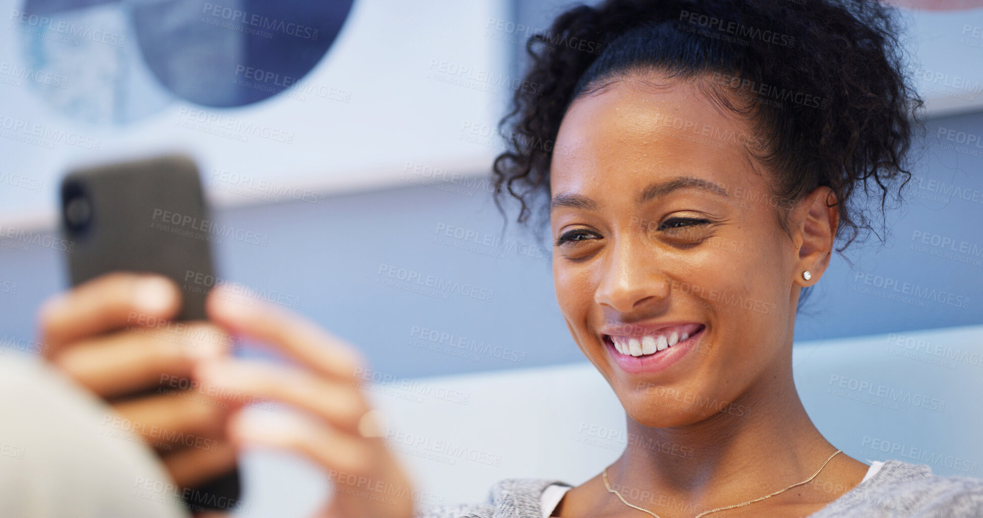 Buy stock photo Woman, phone and online for dating app in home, social media account update and text message. Female person, swipe and website for potential match in bedroom, reading ebook and bed for entertainment