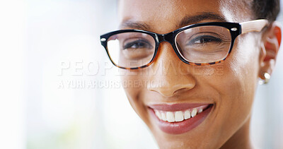 Buy stock photo Happy, glasses and portrait of business woman with frames, prescription lens or spectacles for sight. Entrepreneur, professional and face of person with vision, confidence and company pride in office