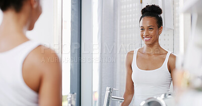 Buy stock photo Happy, woman and skincare in home mirror with collagen treatment results, glowing skin and natural beauty. Reflection, person or confidence for self care, wellness and face hydration with dermatology