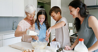 Buy stock photo Mother, grandmother and kids baking in home with ingredients preparation, bonding and helping with whisking. Women, children or learning to cook in kitchen for development and teaching dessert recipe
