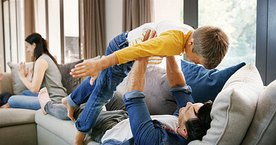 Buy stock photo Airplane, father and kid with playing on sofa for flying, connection or fantasy game in home. Family, man and boy child with bonding on couch together for care, imagination or support with protection