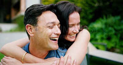 Buy stock photo Couple, laughing and hug outdoor by home for bonding, connection and affection in marriage. Happy people, playful and embrace in garden with funny joke, commitment in relationship or loyalty by house