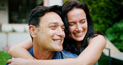 Buy stock photo Couple, smile and hug outdoor by home for bonding, connection and affection in marriage. Happy people, laughing and embrace in garden with funny joke, commitment in relationship and loyalty by house
