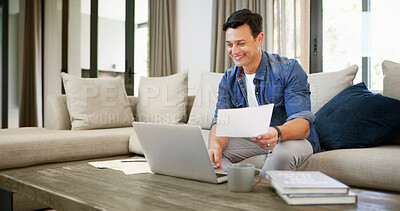Buy stock photo Home, man and laptop with paperwork for finance, track expenses and success for budget goal on sofa. House, male person and happy with documents for payment review, digital savings and mortgage bills