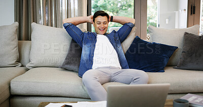 Buy stock photo Home, man and laptop with stretching for relax, finance success and done with budget goals on sofa. House, male person and finished with digital savings, financial review or satisfied with tax report