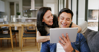 Buy stock photo Home, sofa and couple with tablet for laughing, streaming service and watch movie for entertainment. House, man and woman with digital for website subscription, video opinion and bonding with joke