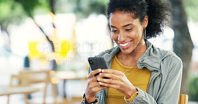 Buy stock photo Happy, phone and black woman in park for social media, online post and internet search in nature. Smile, outdoors and person typing on smartphone for reading website, news and mobile app on weekend
