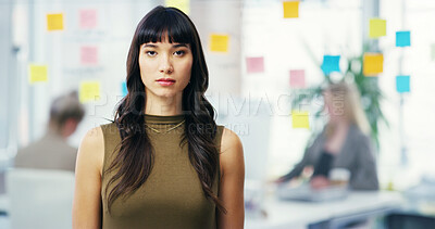 Buy stock photo Creative, portrait and business Asian woman in office for planning, brainstorming and ideas for project. Professional, company and person with sticky notes for agenda, solution and schedule tasks