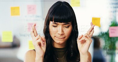 Buy stock photo Creative, hope and woman in business with fingers crossed, opportunity and ambition in planning. Designer, businesswoman or project manager in workshop with sticky note, ideas or wish emoji in office