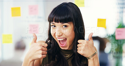 Buy stock photo Thumbs up, happy and portrait of business woman in office with hand gesture for success, support and approval. Creative, planner and person with emoji for agreement, yes and excited with sticky notes