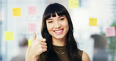 Buy stock photo Thumbs up, office and portrait of business happy woman with hand gesture for success, support and approval. Creative, planner and person with emoji for agreement, yes and okay with sticky notes