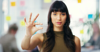Buy stock photo Portrait, woman and gesture with hand for size, business growth or choice results in creative office. Space, measurement and girl at design agency with sticky note, workshop or comparison for scale