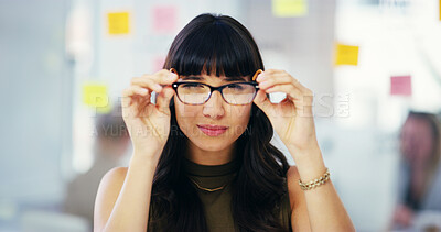 Buy stock photo Office, glasses and portrait of business woman with vision for eyesight, company future and perspective. Professional, startup and person with spectacles for working, project management and career