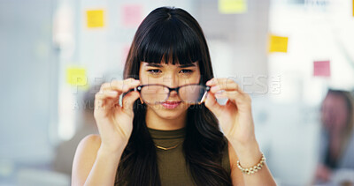 Buy stock photo Creative, glasses and business woman in office with eyesight issue, blurry vision and perception. Professional worker, startup and female person with frames for career, project management and job