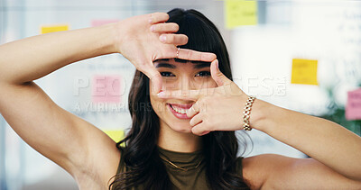 Buy stock photo Business, hand frame and portrait of woman in office for perception, company vision and view. Professional worker, creative startup and person for perspective, project management and photography
