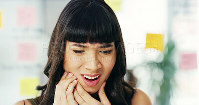 Buy stock photo Business, woman and pain with toothache in office from dental cavity, tooth decay or gum disease. Designer, employee and mouth ache of infection, poor oral hygiene and inflammation at creative agency
