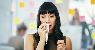 Buy stock photo Sick, tissue and business Asian woman in office with flu symptoms, infection and virus. Creative company, professional worker and face of person with stress for wellness, health risk and allergies