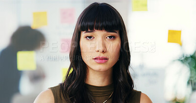 Buy stock photo Creative, serious and portrait of business woman in office for planning, brainstorming and ideas for project. Professional, company and person with sticky notes for agenda, solution or schedule tasks