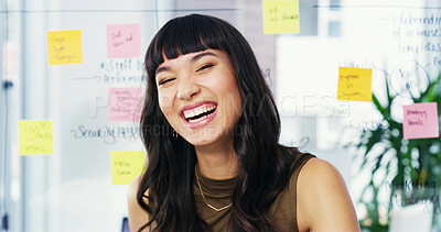 Buy stock photo Creative, laugh and portrait of business woman in office for planning, brainstorming and ideas. Professional, startup and person with sticky notes for agenda, project management and schedule tasks