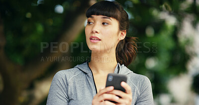 Buy stock photo Fitness, woman and thinking with phone in city for gym directions, workout location and online map. Athlete, person and smartphone in nature for communication, mobile chat and destination research