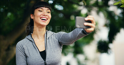 Buy stock photo Happy, fitness and selfie and woman in park for social media, profile picture and online post. Outdoors, nature and person with emoji take photo after workout, exercise and training for wellness
