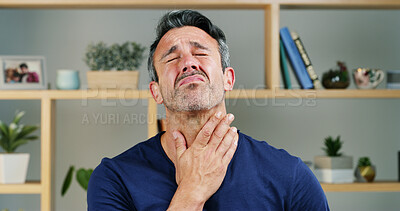 Buy stock photo Sick, sore throat and business man in office with infection, flu virus and cold symptoms. Company, professional worker and worried person with fatigue, burnout and stress with allergies or hayfever