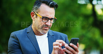 Buy stock photo Park, reading and business man with phone for communication, spam email and mistake. Professional, corporate and confused worker on smartphone with connection error, online message and social media