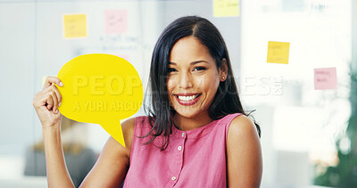 Buy stock photo Speech bubble, startup and portrait of business woman in office with news, announcement and feedback. Mockup space, social media and person with sign for information, advertising and company message