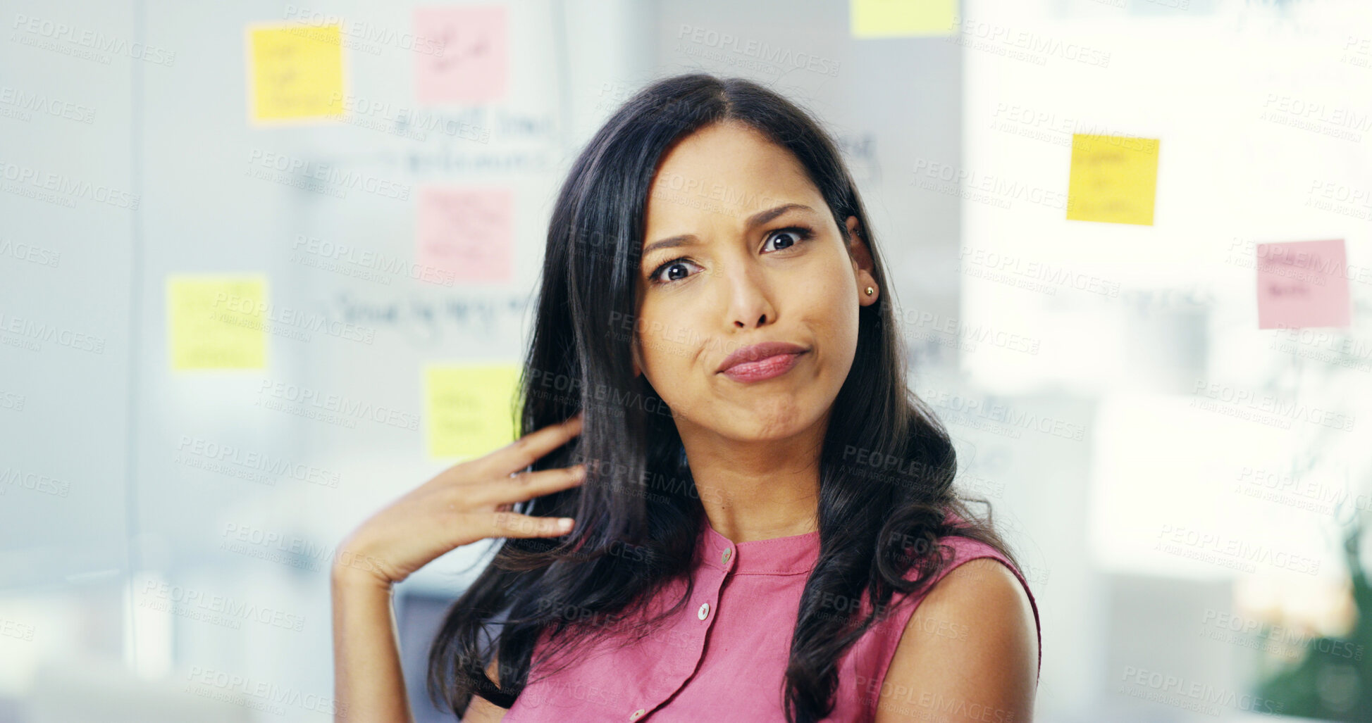 Buy stock photo Gossip, portrait and reaction with designer woman in office for planning on glass storyboard. Facial expression, scandal and surprise with business person in creative workplace for hearsay or rumor
