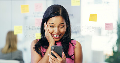 Buy stock photo Phone, smile and surprise with business woman in creative office for good news, planning or strategy. App, social media and storyboard with happy designer in workplace for bonus, goals or success