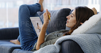 Buy stock photo Credit card, tablet and woman on sofa in home for online shopping, ecommerce or fashion upgrade. Relax, bank account and female person with digital technology for paying bills in living room at house