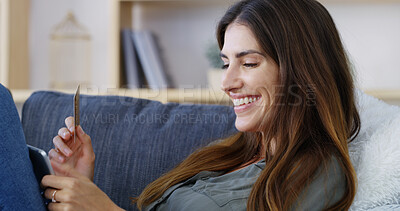 Buy stock photo Woman, tablet and happy with credit card on sofa for online shopping, discount purchase or electronic transaction. Ecommerce, person and smile with digital app for internet banking or fintech in home