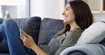 Buy stock photo Woman, tablet or thinking with credit card in home for online shopping, financial decision or investment. Ecommerce, person or smile with digital app for internet banking, loan application or fintech