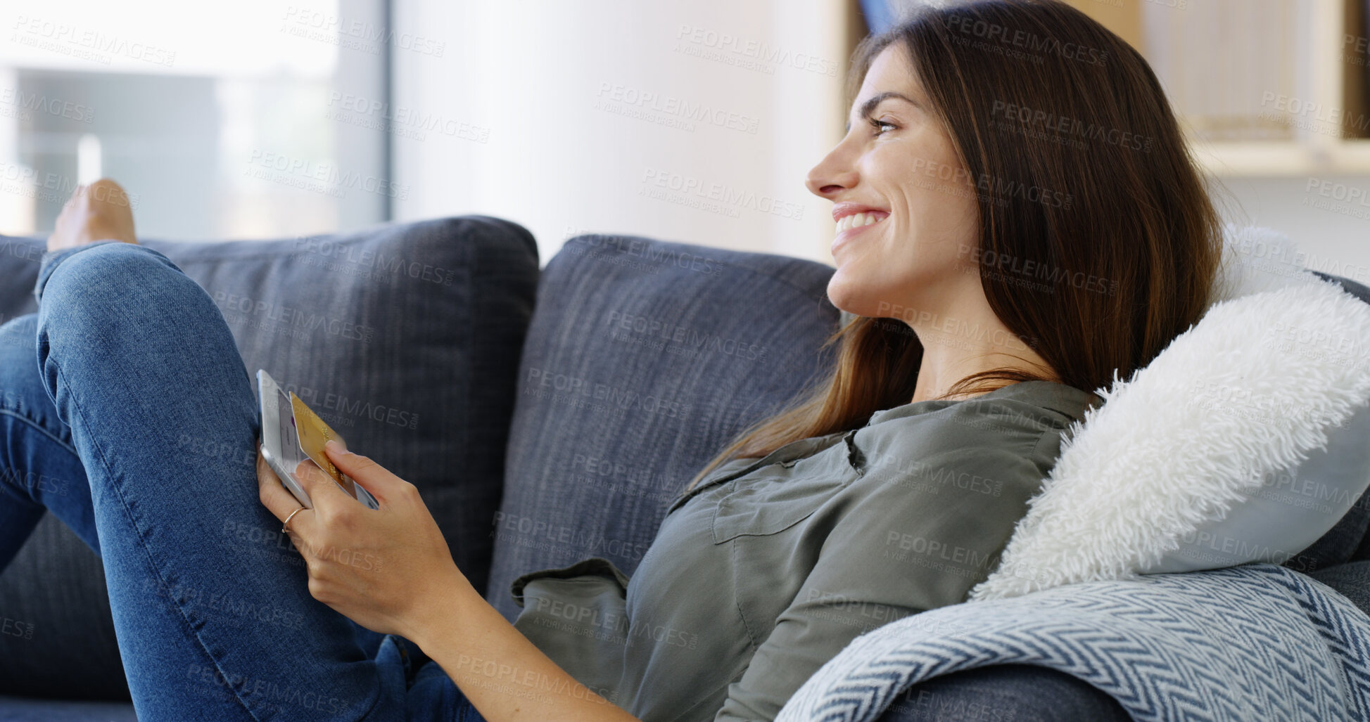 Buy stock photo Woman, tablet or thinking with credit card in home for online shopping, financial decision or investment. Ecommerce, person or smile with digital app for internet banking, loan application or fintech