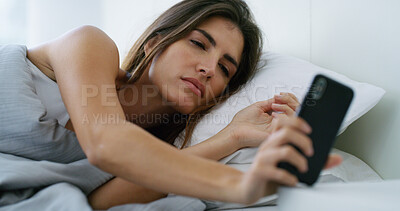 Buy stock photo Morning, woman and wake up with smartphone in bed for app alert, checking time or notifications in home. Sleepy, person and phone in bedroom for missed call, mobile alarm or text message in apartment